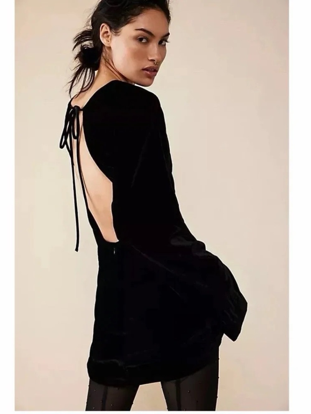 Free People Chelsea Velvet Mini Dress Black Open Back Long Sleeve Women's M